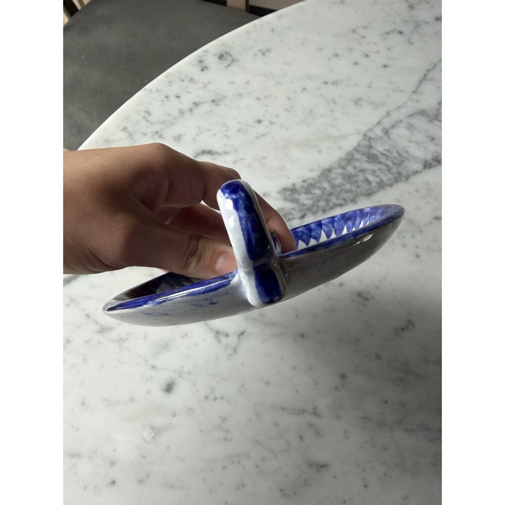 Handmade Ceramic Tonala Blue Brown White Glossy Floral Candle Holder Mexico 362 - Picture 4 of 6